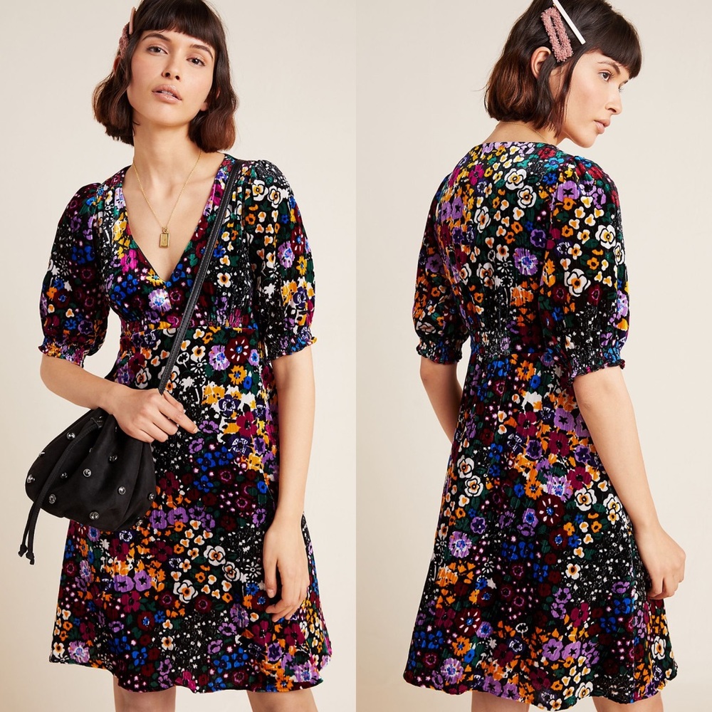 Anthropologie Black Floral Velvet Mini Dress with Purple & Orange Accents